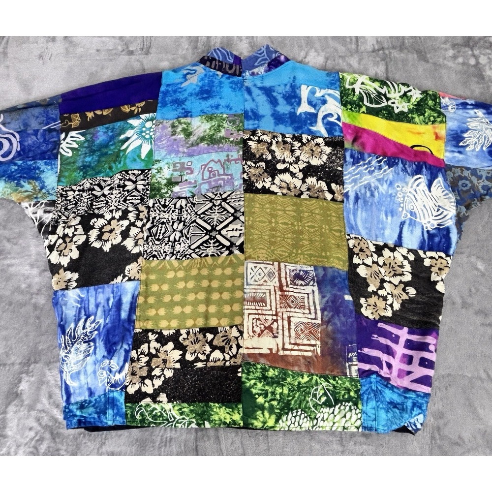 Vintage 80s Patchwork Rayon Batwing Jacket One Size Boho Art To Wear - Picture 7 of 12